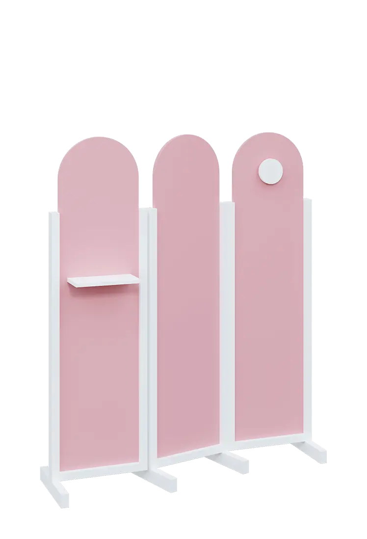 ATMOSFERE ROUND 216, dřevěný 3-dílný paraván, mobilní, výška 1600 mm, rám bílá, výplň pastelově růžová, polička, věšák