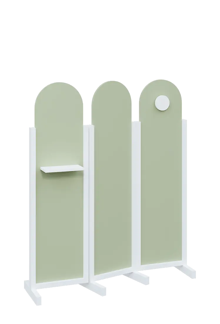 ATMOSFERE ROUND 216, dřevěný 3-dílný paraván, mobilní, výška 1600 mm, rám bílá, výplň šedo-zelinkavá, polička, věšák