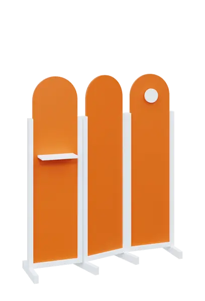 ATMOSFERE ROUND 216, dřevěný 3-dílný paraván, mobilní, výška 1600 mm, rám bílá, výplň pomeranč, polička, věšák