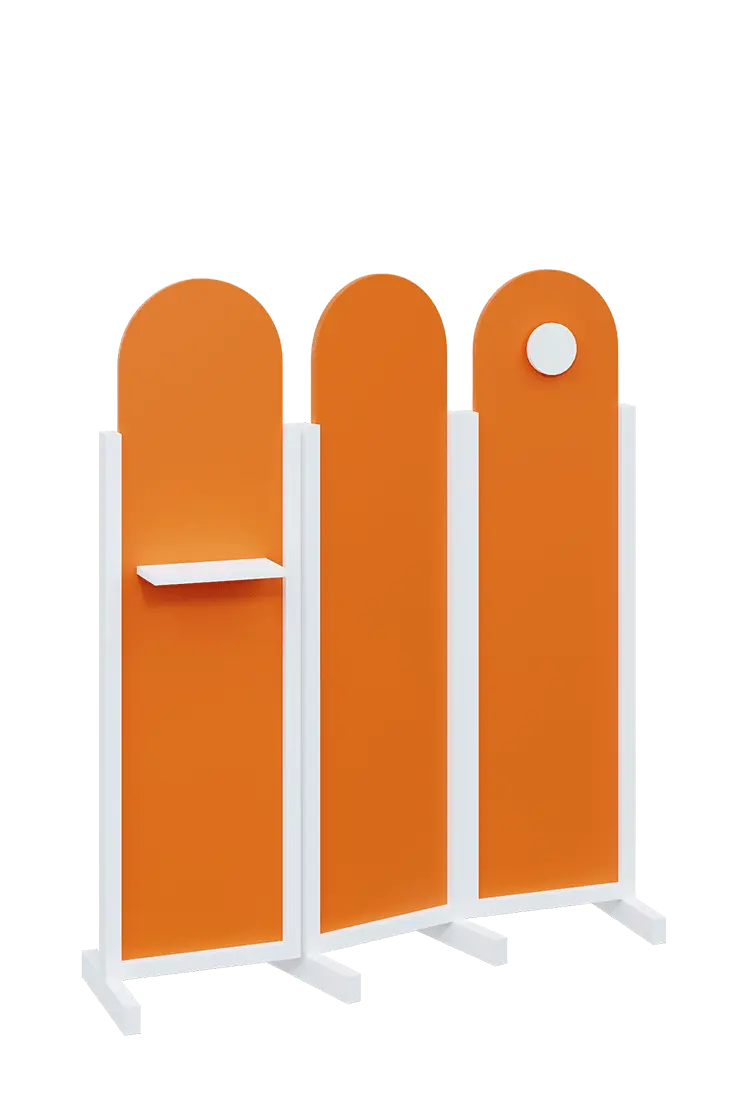 ATMOSFERE ROUND 216, dřevěný 3-dílný paraván, mobilní, výška 1600 mm, rám bílá, výplň pomeranč, polička, věšák
