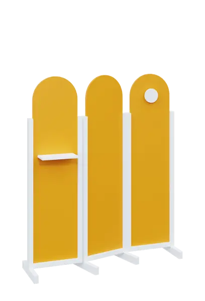 ATMOSFERE ROUND 216, dřevěný 3-dílný paraván, mobilní, výška 1600 mm, rám bílá, výplň žlutá odio, polička, věšák