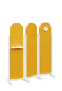 ATMOSFERE ROUND 216, dřevěný 3-dílný paraván, mobilní, výška 1600 mm, rám bílá, výplň žlutá odio, polička, věšák