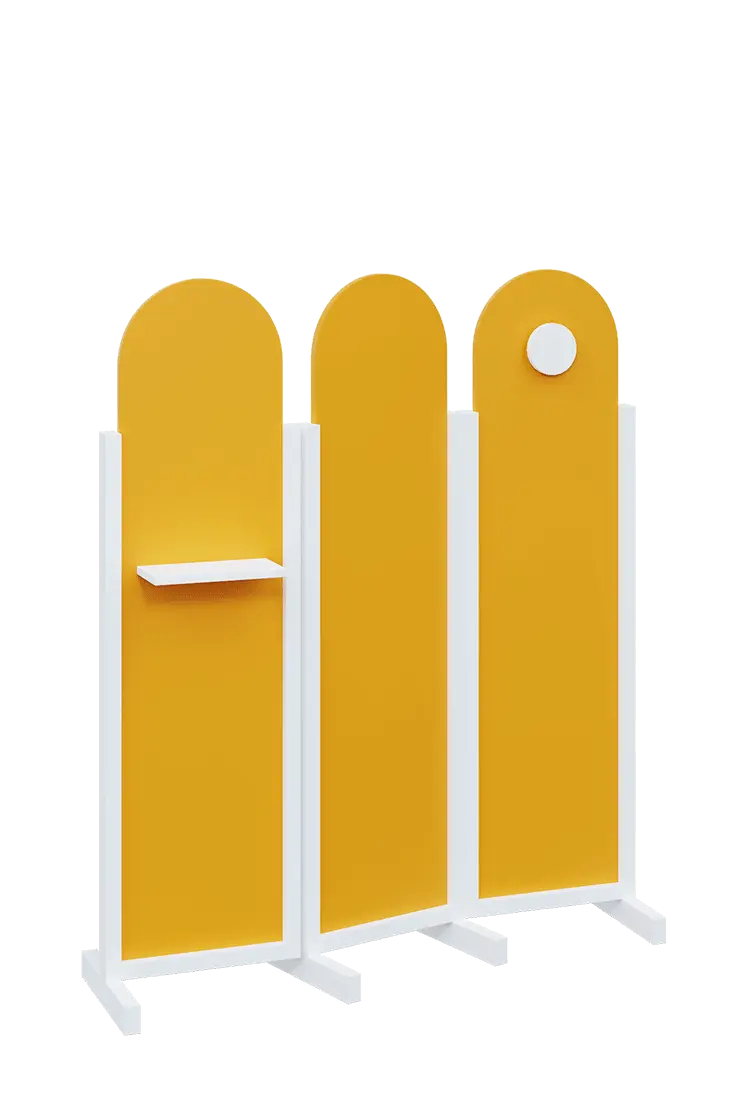 ATMOSFERE ROUND 216, dřevěný 3-dílný paraván, mobilní, výška 1600 mm, rám bílá, výplň žlutá odio, polička, věšák