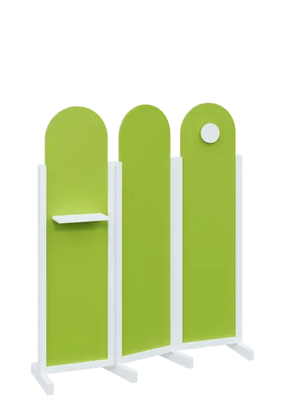 ATMOSFERE ROUND 216, dřevěný 3-dílný paraván, mobilní, výška 1600 mm, rám bílá, výplň jarní zeleň, polička, věšák