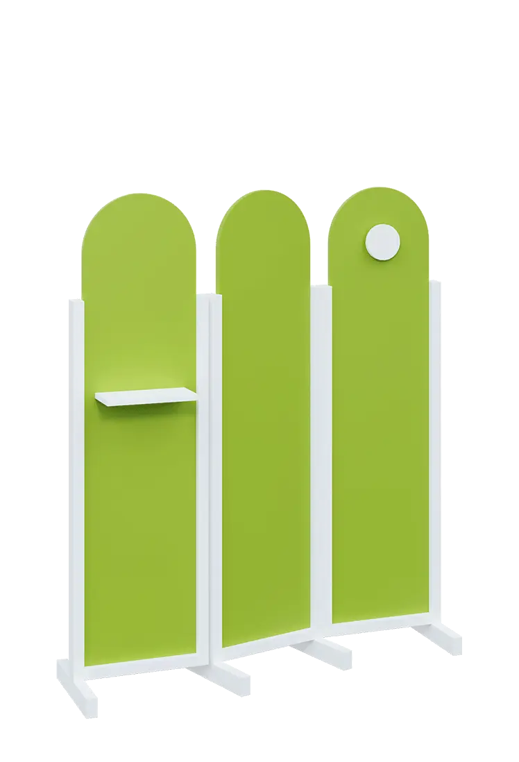 ATMOSFERE ROUND 216, dřevěný 3-dílný paraván, mobilní, výška 1600 mm, rám bílá, výplň jarní zeleň, polička, věšák