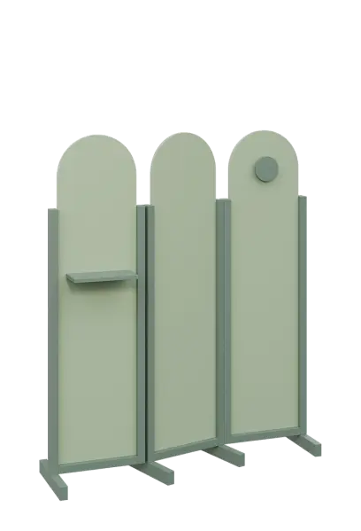 ATMOSFERE ROUND 216, dřevěný 3-dílný paraván, mobilní, výška 1600 mm, rám industrial green, výplň pistáciově zelená, polička, věšák