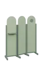ATMOSFERE ROUND 216, dřevěný 3-dílný paraván, mobilní, výška 1600 mm, rám industrial green, výplň pistáciově zelená, polička, věšák