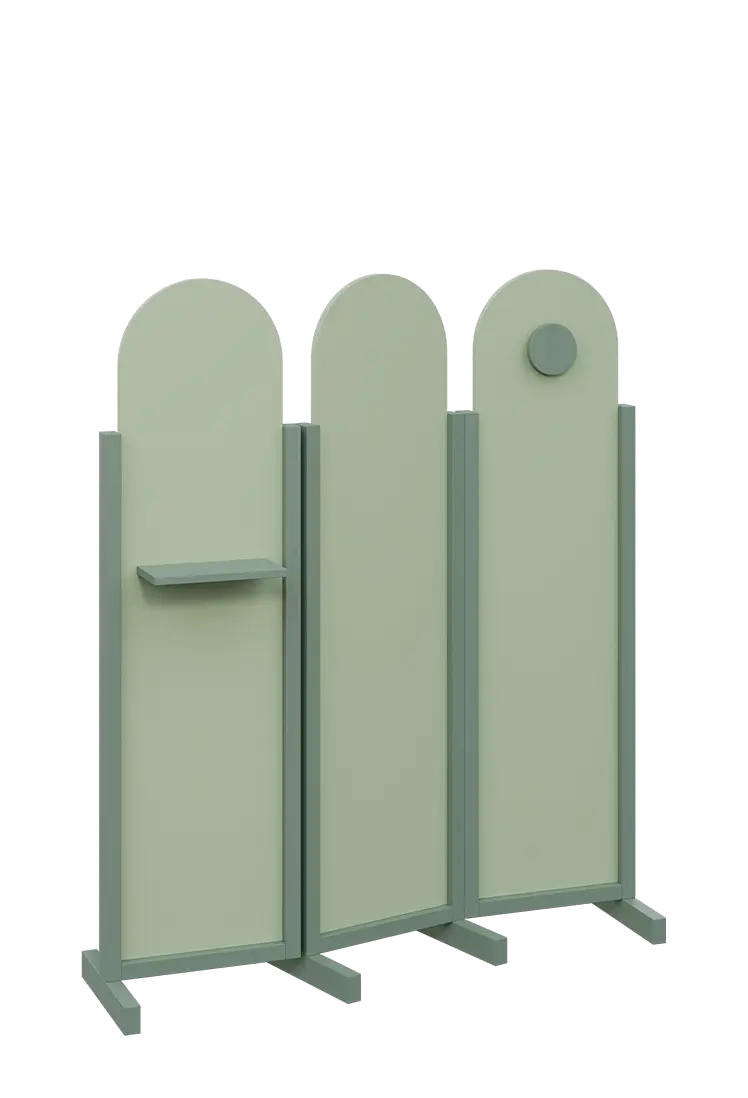ATMOSFERE ROUND 216, dřevěný 3-dílný paraván, mobilní, výška 1600 mm, rám industrial green, výplň pistáciově zelená, polička, věšák