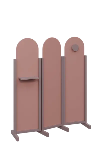 ATMOSFERE ROUND 216, dřevěný 3-dílný paraván, mobilní, výška 1600 mm, rám sandy lilac, výplň antická růžová, polička, věšák