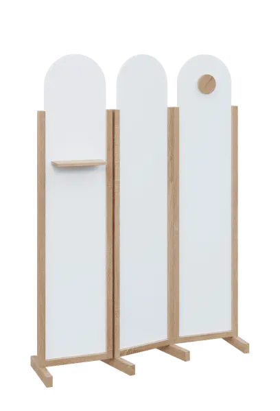 ATMOSFERE ROUND 219, dřevěný 3-dílný paraván, mobilní, výška 1900 mm, rám dub bardolino, výplň bílá, polička, věšák