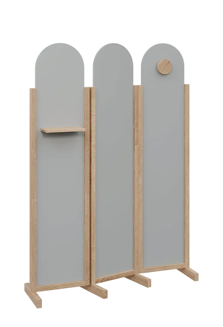 ATMOSFERE ROUND 219, dřevěný 3-dílný paraván, mobilní, výška 1900 mm, rám dub bardolino, výplň šedá, polička, věšák