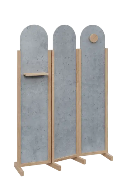 ATMOSFERE ROUND 219, dřevěný 3-dílný paraván, mobilní, výška 1900 mm, rám dub bardolino, výplň beton šedý, polička, věšák