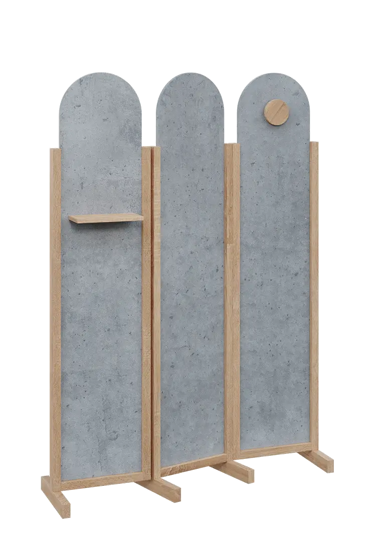 ATMOSFERE ROUND 219, dřevěný 3-dílný paraván, mobilní, výška 1900 mm, rám dub bardolino, výplň beton šedý, polička, věšák