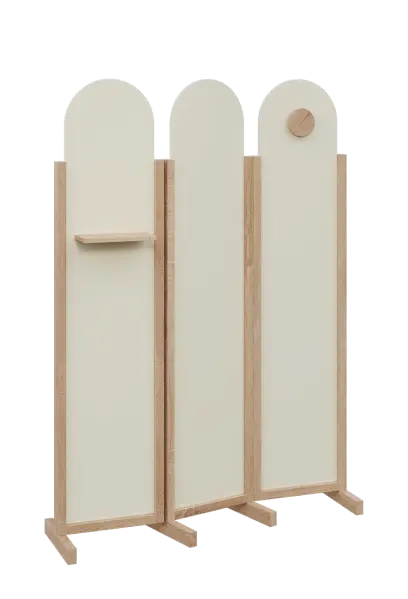 ATMOSFERE ROUND 219, dřevěný 3-dílný paraván, mobilní, výška 1900 mm, rám dub bardolino, výplň smetanová, polička, věšák