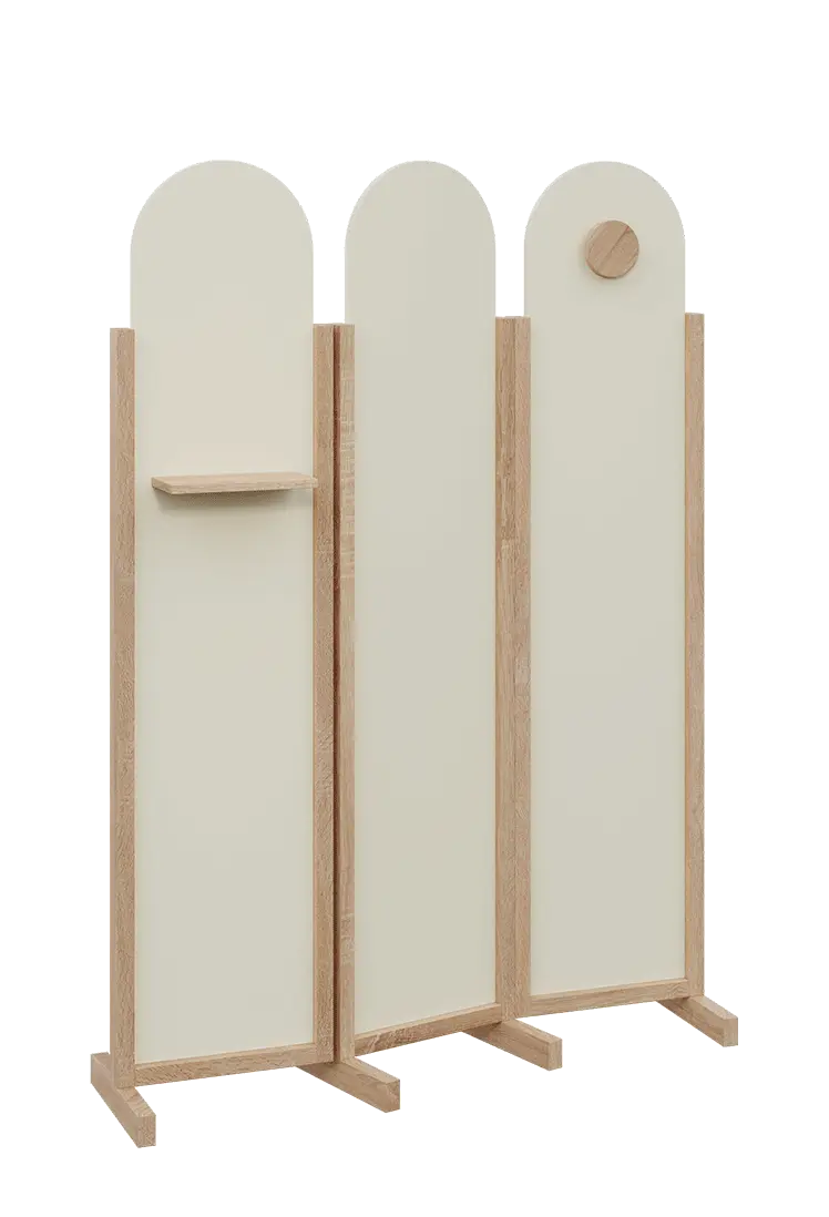 ATMOSFERE ROUND 219, dřevěný 3-dílný paraván, mobilní, výška 1900 mm, rám dub bardolino, výplň smetanová, polička, věšák