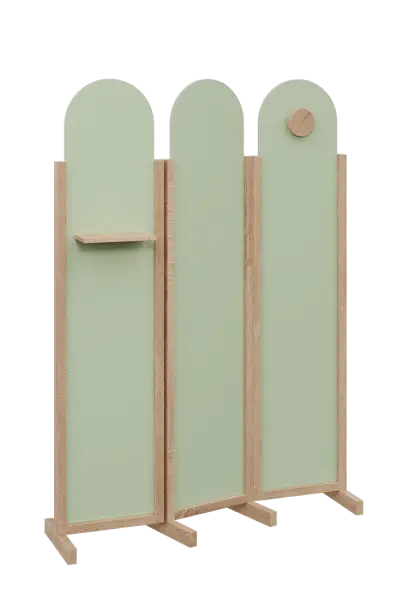 ATMOSFERE ROUND 219, dřevěný 3-dílný paraván, mobilní, výška 1900 mm, rám dub bardolino, výplň šedo-zelinkavá, polička, věšák