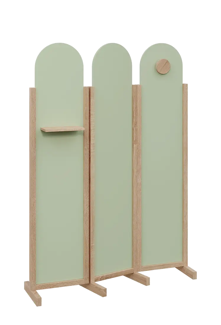 ATMOSFERE ROUND 219, dřevěný 3-dílný paraván, mobilní, výška 1900 mm, rám dub bardolino, výplň šedo-zelinkavá, polička, věšák