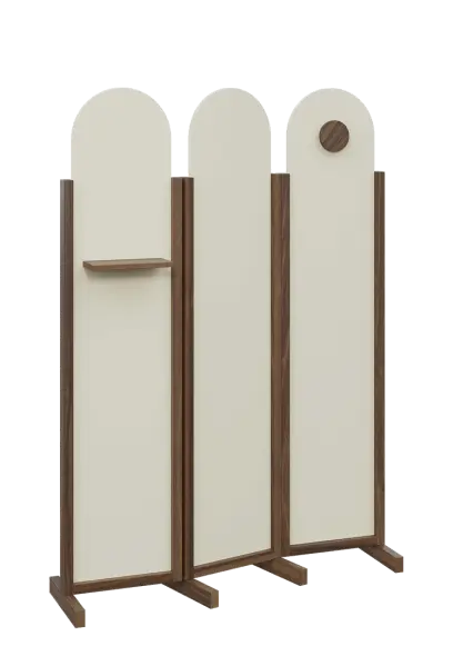 ATMOSFERE ROUND 219, dřevěný 3-dílný paraván, mobilní, výška 1900 mm, rám ořech královský, výplň smetanová, polička, věšák