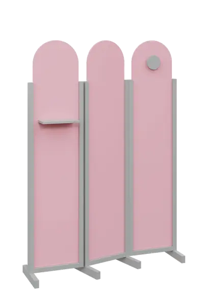 ATMOSFERE ROUND 219, dřevěný 3-dílný paraván, mobilní, výška 1900 mm, rám šedá, výplň pastelově růžová, polička, věšák