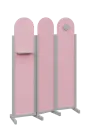ATMOSFERE ROUND 219, dřevěný 3-dílný paraván, mobilní, výška 1900 mm, rám šedá, výplň pastelově růžová, polička, věšák