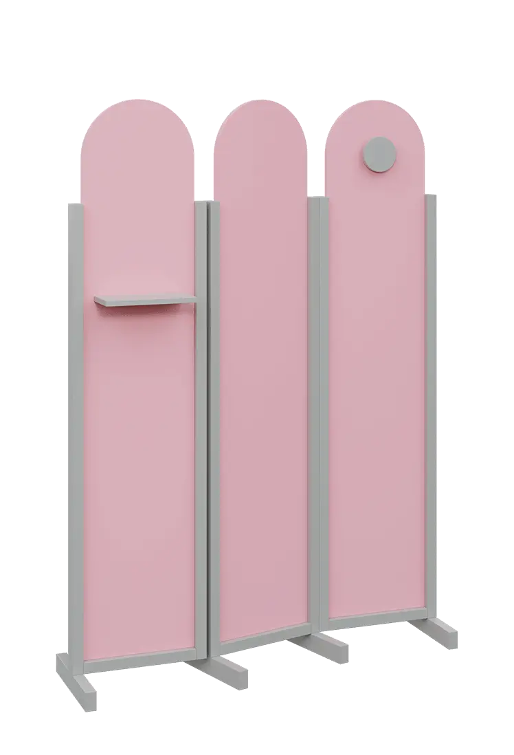 ATMOSFERE ROUND 219, dřevěný 3-dílný paraván, mobilní, výška 1900 mm, rám šedá, výplň pastelově růžová, polička, věšák