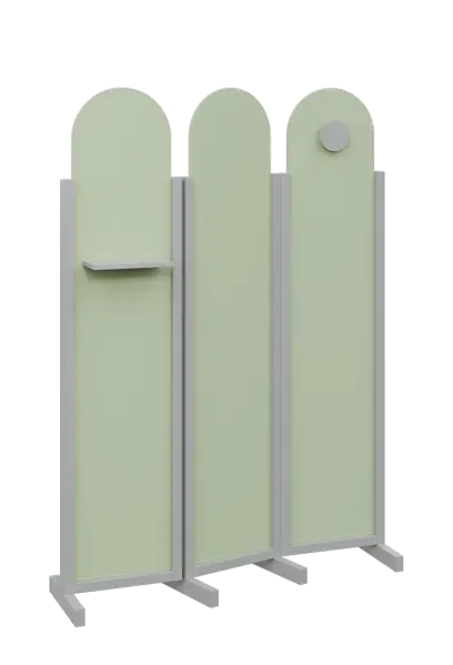 ATMOSFERE ROUND 219, dřevěný 3-dílný paraván, mobilní, výška 1900 mm, rám šedá, výplň šedo-zelinkavá, polička, věšák