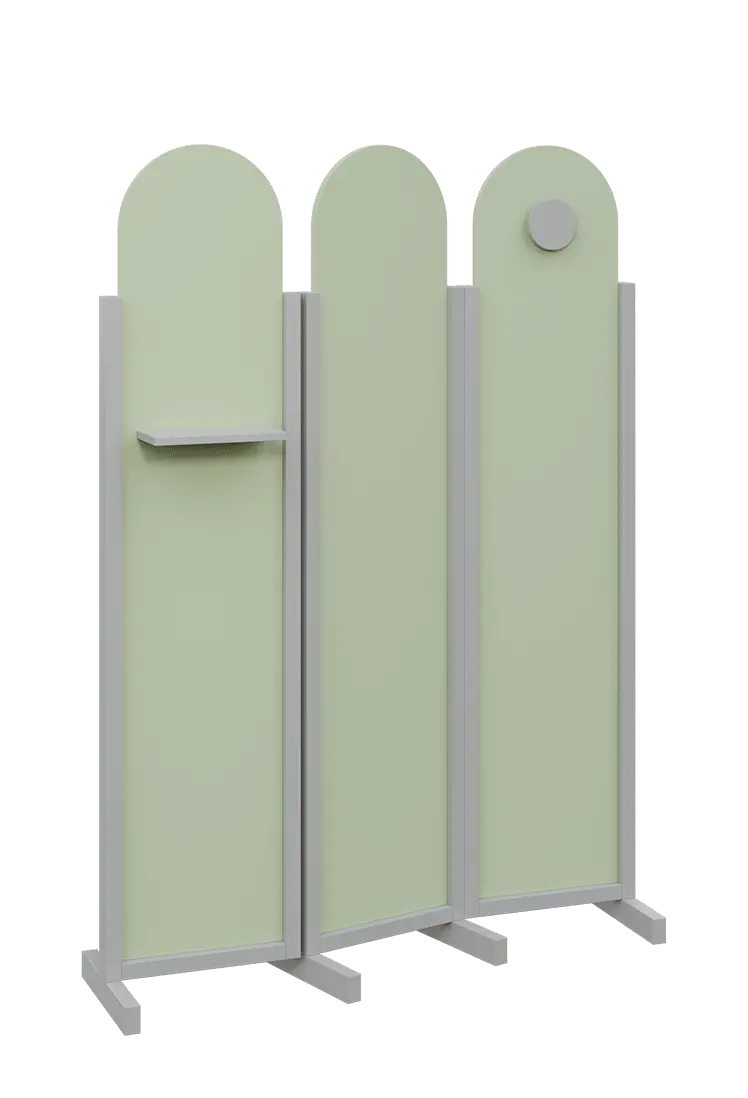ATMOSFERE ROUND 219, dřevěný 3-dílný paraván, mobilní, výška 1900 mm, rám šedá, výplň šedo-zelinkavá, polička, věšák