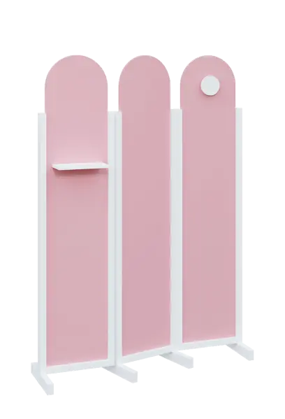 ATMOSFERE ROUND 219, dřevěný 3-dílný paraván, mobilní, výška 1900 mm, rám bílá, výplň pastelově růžová, polička, věšák
