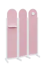 ATMOSFERE ROUND 219, dřevěný 3-dílný paraván, mobilní, výška 1900 mm, rám bílá, výplň pastelově růžová, polička, věšák