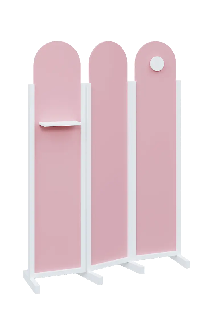 ATMOSFERE ROUND 219, dřevěný 3-dílný paraván, mobilní, výška 1900 mm, rám bílá, výplň pastelově růžová, polička, věšák