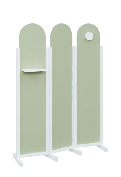 ATMOSFERE ROUND 219, dřevěný 3-dílný paraván, mobilní, výška 1900 mm, rám bílá, výplň šedo-zelinkavá, polička, věšák