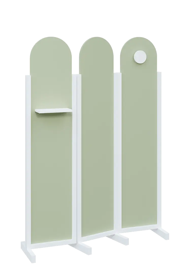ATMOSFERE ROUND 219, dřevěný 3-dílný paraván, mobilní, výška 1900 mm, rám bílá, výplň šedo-zelinkavá, polička, věšák