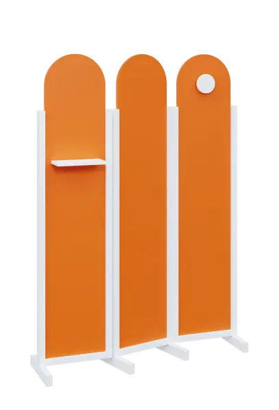 ATMOSFERE ROUND 219, dřevěný 3-dílný paraván, mobilní, výška 1900 mm, rám bílá, výplň pomeranč, polička, věšák