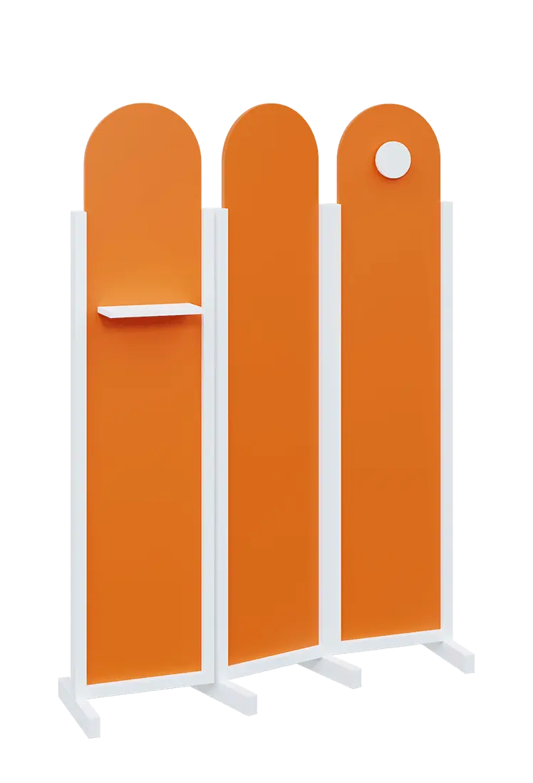ATMOSFERE ROUND 219, dřevěný 3-dílný paraván, mobilní, výška 1900 mm, rám bílá, výplň pomeranč, polička, věšák