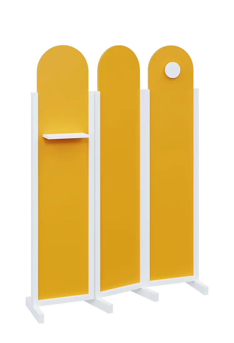 ATMOSFERE ROUND 219, dřevěný 3-dílný paraván, mobilní, výška 1900 mm, rám bílá, výplň žlutá odio, polička, věšák