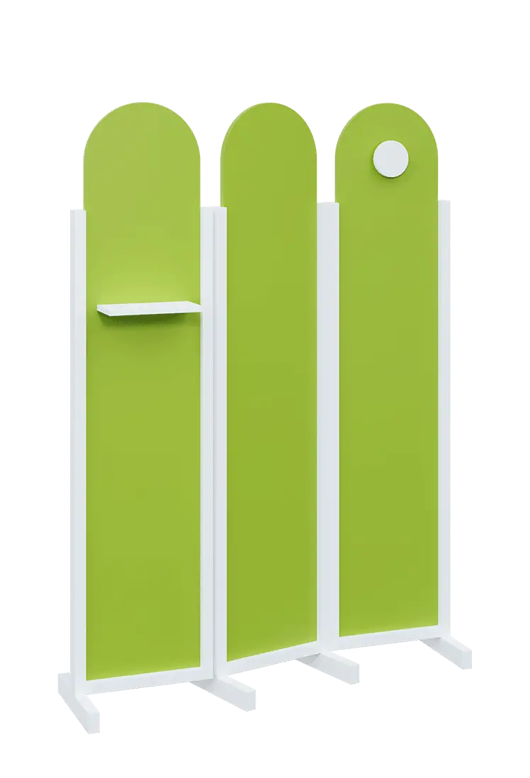 ATMOSFERE ROUND 219, dřevěný 3-dílný paraván, mobilní, výška 1900 mm, rám bílá, výplň jarní zeleň, polička, věšák
