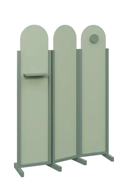 ATMOSFERE ROUND 219, dřevěný 3-dílný paraván, mobilní, výška 1900 mm, rám industrial green, výplň pistáciově zelená, polička, věšák