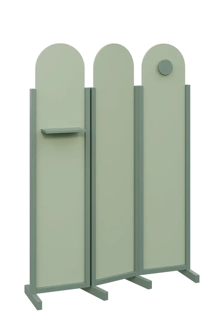 ATMOSFERE ROUND 219, dřevěný 3-dílný paraván, mobilní, výška 1900 mm, rám industrial green, výplň pistáciově zelená, polička, věšák