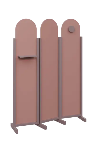 ATMOSFERE ROUND 219, dřevěný 3-dílný paraván, mobilní, výška 1900 mm, rám sandy lilac, výplň antická růžová, polička, věšák