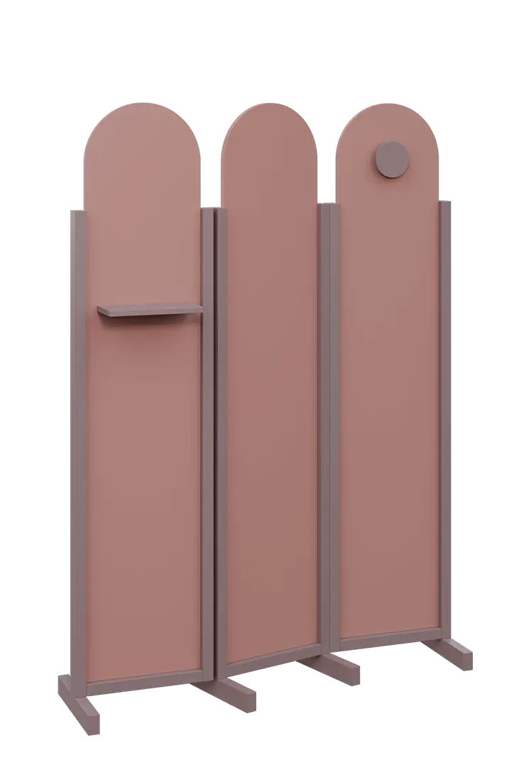 ATMOSFERE ROUND 219, dřevěný 3-dílný paraván, mobilní, výška 1900 mm, rám sandy lilac, výplň antická růžová, polička, věšák