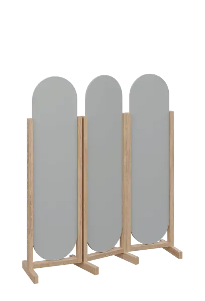 ATMOSFERE ROUND 316, dřevěný 3-dílný paraván, mobilní, výška 1600 mm, rám dub bardolino, výplň šedá