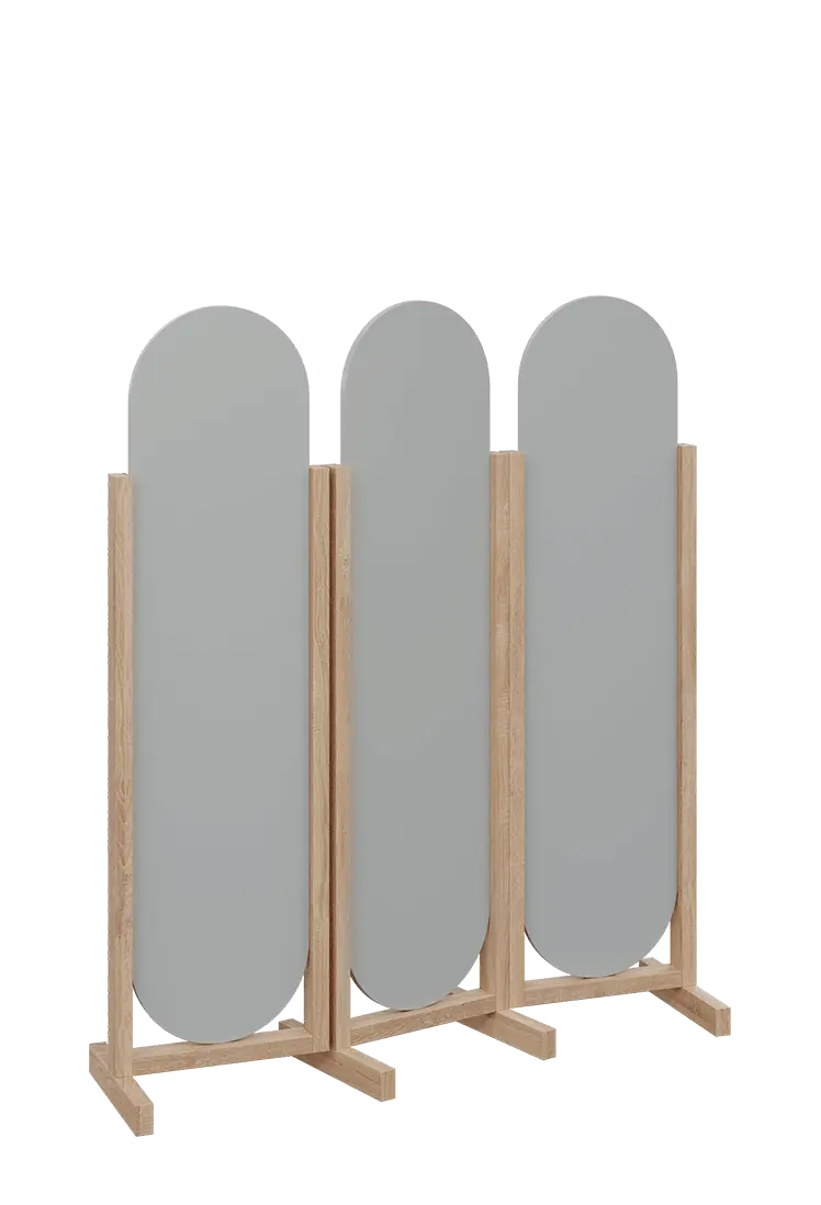 ATMOSFERE ROUND 316, dřevěný 3-dílný paraván, mobilní, výška 1600 mm, rám dub bardolino, výplň šedá