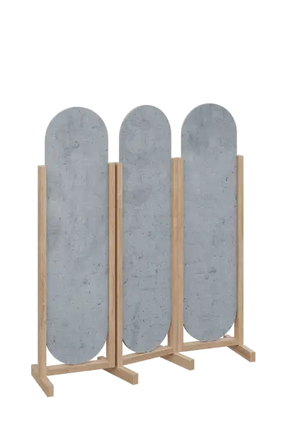 ATMOSFERE ROUND 316, dřevěný 3-dílný paraván, mobilní, výška 1600 mm, rám dub bardolino, výplň beton šedý