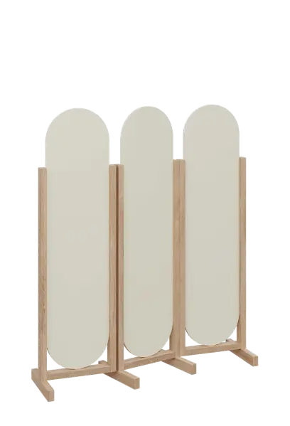 ATMOSFERE ROUND 316, dřevěný 3-dílný paraván, mobilní, výška 1600 mm, rám dub bardolino, výplň smetanová