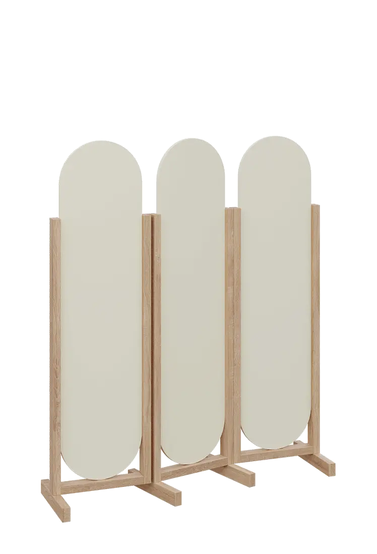 ATMOSFERE ROUND 316, dřevěný 3-dílný paraván, mobilní, výška 1600 mm, rám dub bardolino, výplň smetanová