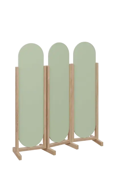 ATMOSFERE ROUND 316, dřevěný 3-dílný paraván, mobilní, výška 1600 mm, rám dub bardolino, výplň šedo-zelinkavá