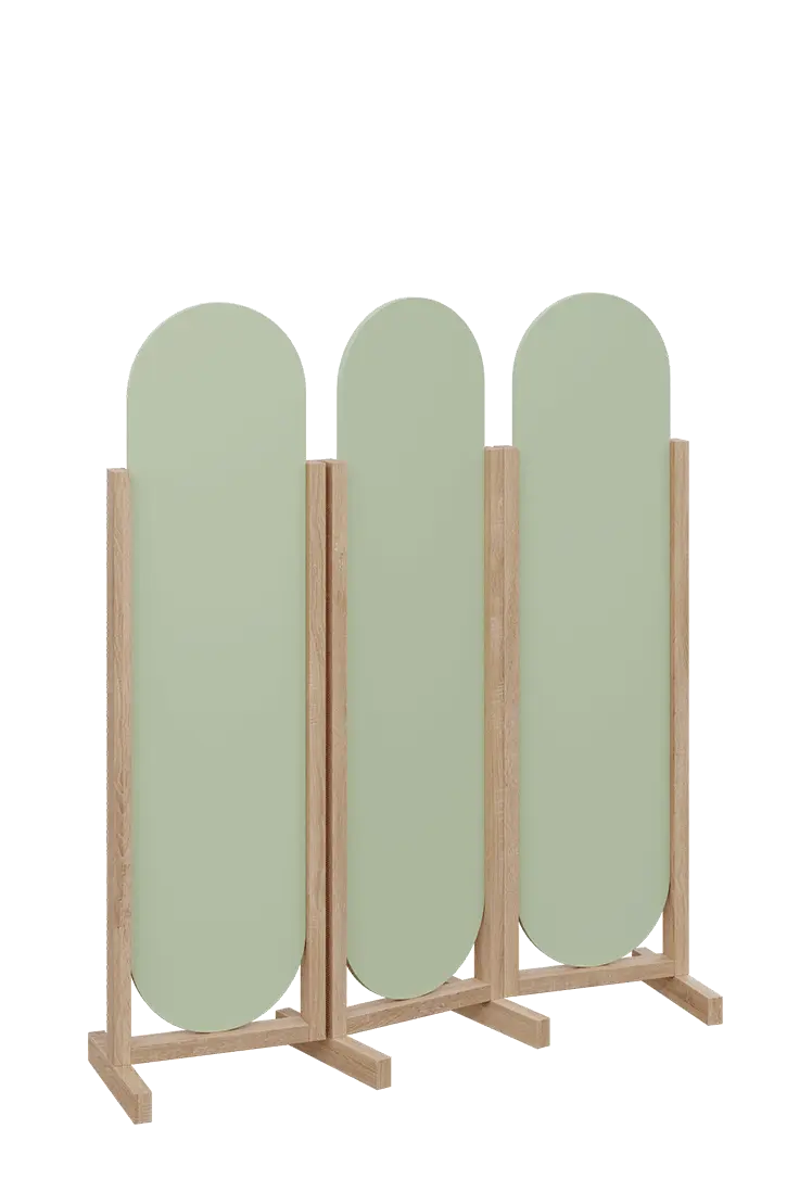 ATMOSFERE ROUND 316, dřevěný 3-dílný paraván, mobilní, výška 1600 mm, rám dub bardolino, výplň šedo-zelinkavá