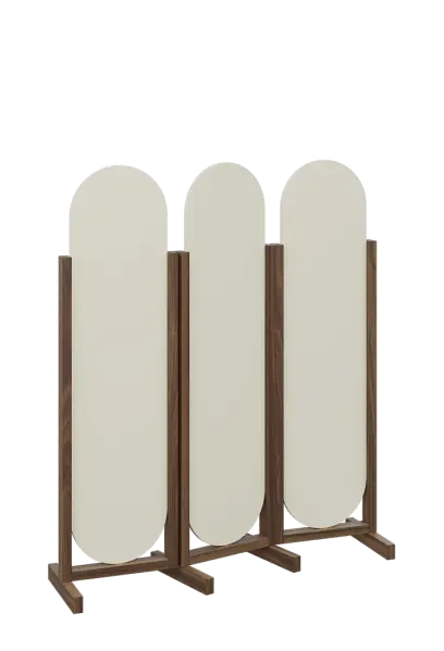 ATMOSFERE ROUND 316, dřevěný 3-dílný paraván, mobilní, výška 1600 mm, rám ořech královský, výplň smetanová