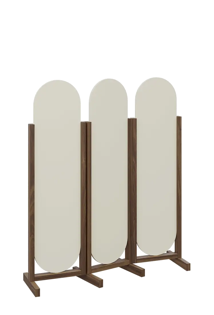 ATMOSFERE ROUND 316, dřevěný 3-dílný paraván, mobilní, výška 1600 mm, rám ořech královský, výplň smetanová