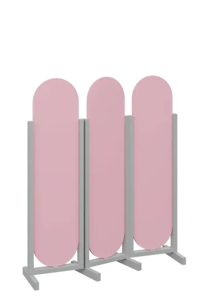 ATMOSFERE ROUND 316, dřevěný 3-dílný paraván, mobilní, výška 1600 mm, rám šedá, výplň pastelově růžová